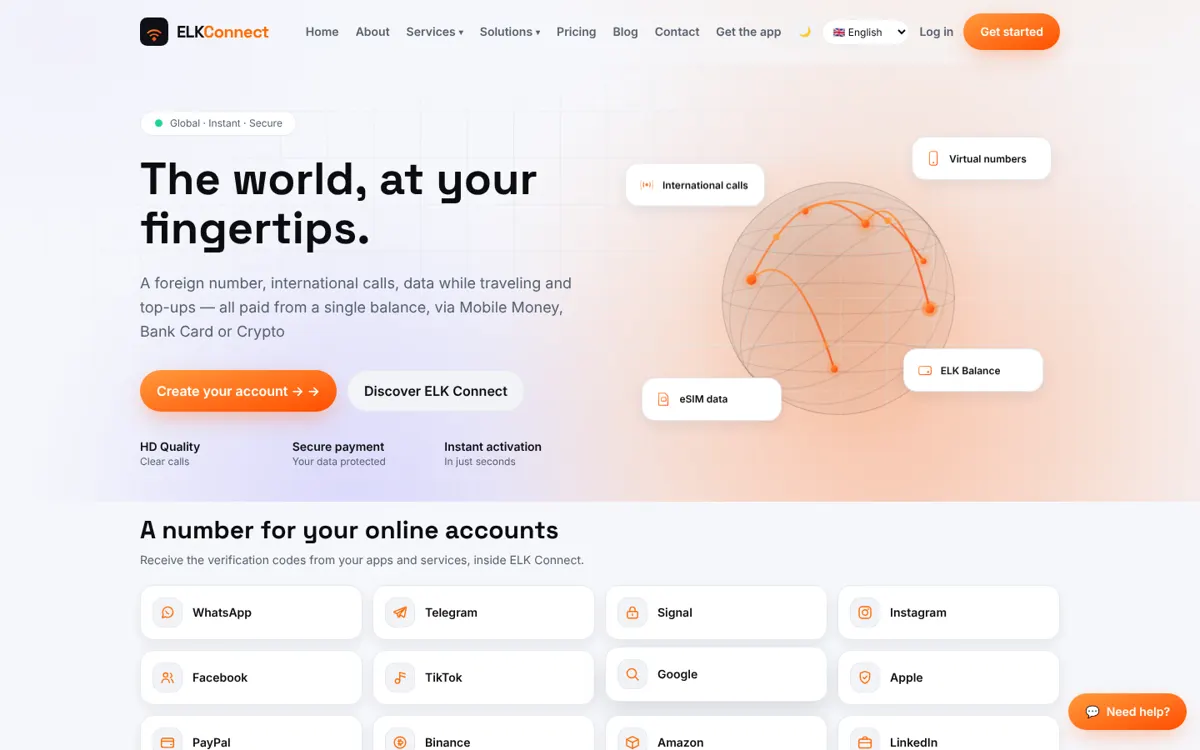 ELK Connect: Virtual numbers, calls, eSIM and top-ups from one balance, paid by Mobile Money.